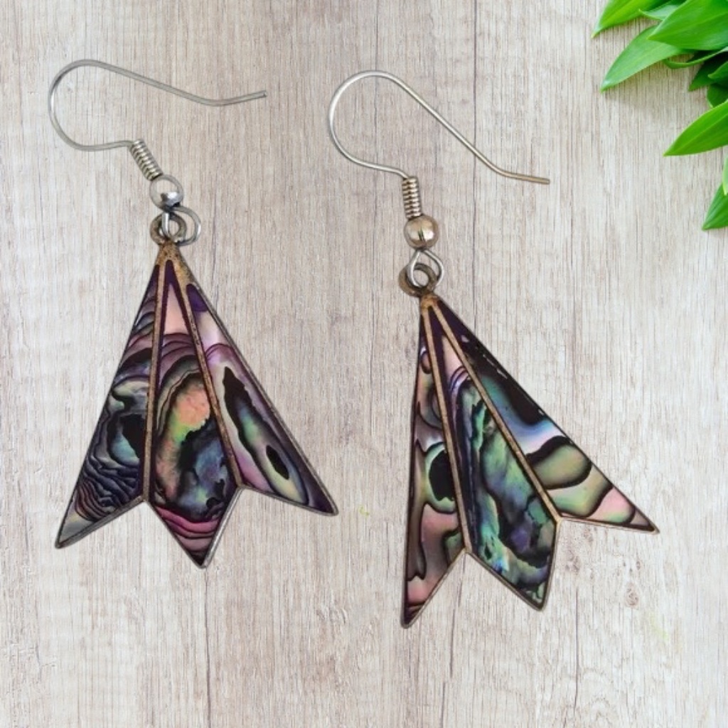 Vintage Alpaca Mexico Silver Abalone Shell Fan Dangle Earrings